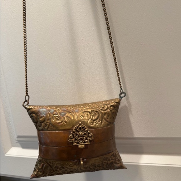 Handbags - Antique 1920/1930 Pillow Purse Brass Copper Velvet Lined with Rope Chain